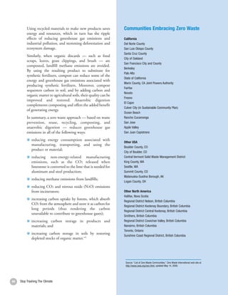Using recycled materials to make new products saves          Communities Embracing Zero Waste
          energy and resources, which in turn has the ripple
          effects of reducing greenhouse gas emissions and             California
          industrial pollution, and stemming deforestation and         Del Norte County
          ecosystem damage.                                            San Luis Obispo County
                                                                       Santa Cruz County
          Similarly, when organic discards — such as food
                                                                       City of Oakland
          scraps, leaves, grass clippings, and brush — are
                                                                       San Francisco City and County
          composted, landfill methane emissions are avoided.
                                                                       Berkeley
          By using the resulting product to substitute for
                                                                       Palo Alto
          synthetic fertilizers, compost can reduce some of the
                                                                       State of California
          energy and greenhouse gas emissions associated with
                                                                       Marin County, CA Joint Powers Authority
          producing synthetic fertilizers. Moreover, compost
                                                                       Fairfax
          sequesters carbon in soil, and by adding carbon and
                                                                       Novato
          organic matter to agricultural soils, their quality can be
                                                                       Fresno
          improved and restored. Anaerobic digestion
                                                                       El Cajon
          complements composting and offers the added benefit
                                                                       Culver City (in Sustainable Community Plan)
          of generating energy.
                                                                       Ocean Beach
          In summary, a zero waste approach — based on waste           Rancho Cucamonga
          prevention, reuse, recycling, composting, and                San Jose
          anaerobic digestion — reduces greenhouse gas                 Apple Valley
          emissions in all of the following ways:                      San Juan Capistrano

             reducing energy consumption associated with
                                                                       Other USA
             manufacturing, transporting, and using the
                                                                       Boulder County, CO
             product or material;
                                                                       City of Boulder, CO
             reducing non-energy-related manufacturing                 Central Vermont Solid Waste Management District
             emissions, such as the CO2 released when                  King County, WA
             limestone is converted to the lime that is needed for     Seattle, WA
             aluminum and steel production;                            Summit County, CO
                                                                       Matanuska-Susitna Borough, AK
             reducing methane emissions from landfills;
                                                                       Logan County, OH
             reducing CO2 and nitrous oxide (N2O) emissions
             from incinerators;                                        Other North America
                                                                       Halifax, Nova Scotia
             increasing carbon uptake by forests, which absorb
                                                                       Regional District Nelson, British Columbia
             CO2 from the atmosphere and store it as carbon for
                                                                       Regional District Kootenay Boundary, British Columbia
             long periods (thus rendering the carbon
                                                                       Regional District Central Kootenay, British Columbia
             unavailable to contribute to greenhouse gases);
                                                                       Smithers, British Columbia
             increasing carbon storage in products and                 Regional District Cowichan Valley, British Columbia
             materials; and                                            Nanaimo, British Columbia
                                                                       Toronto, Ontario
             increasing carbon storage in soils by restoring
                                                                       Sunshine Coast Regional District, British Columbia
             depleted stocks of organic matter.141




                                                                        Source: “List of Zero Waste Communities,” Zero Waste International web site at
                                                                        http://www.zwia.org/zwc.html, updated May 14, 2008.




44   Stop Trashing The Climate
 