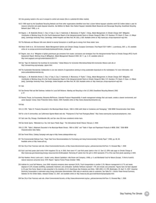 182 One growing market is the use of compost to control soil erosion (this is a potential $4 billion market).

     183 A 1999 report by the GrassRoots Recycling Network and three other organizations identified more than a dozen federal taxpayer subsidies worth $2.6 billion dollars a year for
         resource extractive and waste disposal industries. See Welfare for Waste: How Federal Taxpayer Subsidies Waste Resources and Discourage Recycling, GrassRoots Recycling
         Network (April 1999), p. vii.

     184 Bogner, J., M. Abdelrafie Ahmed, C. Diaz, A. Faaij, Q. Gao, S. Hashimoto, K. Mareckova, R. Pipatti, T. Zhang, Waste Management, In Climate Change 2007: Mitigation.
         Contribution of Working Group III to the Fourth Assessment Report of the Intergovernmental Panel on Climate Change [B. Metz, O.R. Davidson, P.R. Bosch, R. Dave, L.A. Meyer
         (eds)], Cambridge University Press, Cambridge, United Kingdom and New York, NY, USA, p. 600. Available online at: http://www.ipcc.ch/ipccreports/ar4-wg3.htm.

     185 The Nebraska and Missouri bills were altered to exempt bioreactors or landfill gas-to-energy from these states’ bans.

     186 Alison Smith et al., DG Environment, Waste Management Options and Climate Change, European Commission, Final Report ED21158R4.1, Luxembourg, 2001, p. 59, available
         online at: ec.europa.eu/environment/waste/studies/pdf/climate_change.pdf.

     187 Bogner, Jean, et al, “Mitigation of global greenhouse gas emissions from waste: conclusions and strategies from the Intergovernmental Panel on Climate Change (IPCC) Fourth
         Assessment Report. Working Group III (Mitigation). Waste Management Research 2008; 26l 11, pp. 3, 22, available online at
         http://wmr.sagepub.com/cgi/content/abstract/26/1/11

     188 See “Sign-On Statement: No Incentives for Incineration,” Global Alliance for Incinerator Alternatives/Global Anti-Incinerator Alliance web site at
         http://zerowarming.org/campaign_signon.html.

     189 The Sustainable Biomaterials Collaborative is one new network of organizations working to bring sustainable bioproducts to the marketplace. For more information, visit
         www.sustainablebiomaterials.org.

     190 Bogner, J., M. Abdelrafie Ahmed, C. Diaz, A. Faaij, Q. Gao, S. Hashimoto, K. Mareckova, R. Pipatti, T. Zhang, Waste Management, In Climate Change 2007: Mitigation.
         Contribution of Working Group III to the Fourth Assessment Report of the Intergovernmental Panel on Climate Change [B. Metz, O.R. Davidson, P.R. Bosch, R. Dave, L.A. Meyer
         (eds)], Cambridge University Press, Cambridge, United Kingdom and New York, NY, USA. Available online at: http://www.ipcc.ch/ipccreports/ar4-wg3.htm

     191 Ibid.

     192 See Brenda Platt and Neil Seldman, Institute for Local Self-Reliance, Wasting and Recycling in the U.S. 2000, GrassRoots Recycling Network,2000,
         p. 27.

     193 Beverly Thorpe, Iza Kruszewska, Alexandra McPherson, Extended Producer Responsibility: A waste management strategy that cuts waste, creates a cleaner environment, and
         saves taxpayer money, Clean Production Action, Boston, 2004. Available online at http://www.cleanproductionaction.org

     194 Ibid.

     195 U.S. EPA, “Table 22: Products Discarded in the Municipal Waste Stream, 1960 to 2006 (with Detail on Containers and Packaging),” 2006 MSW Characterization Data Tables.

     196 For a list of communities, see Californians Against Waste web site, “Polystyrene & Fast Food Packaging Waste,” http://www.cawrecycles.org/issues/polystyrene_main.

     197 Salt Lake City, Chicago, Charlottesville (VA), and San Jose (CA) have considered similar bans.

     198 See Derek Speirs, “Motivated by a Tax, Irish Spurn Plastic Bags,” The International Herald Tribune, February 2, 2008.

     199 U.S. EPA, “Table 3: Materials Discarded in the Municipal Waste Stream, 1960 to 2006,” and “Table 4: Paper and Paperboard Products in MSW, 2006,” 2006 MSW
         Characterization Data Tables.

     200 See Forest Ethics, Catalog Campaign web page at http://www.catalogcutdown.org/.

     201 The Environmental Defense Fund, “Paper Task Force Recommendations for Purchasing and Using Environmentally Friendly Paper” (1995), pp. 66, 80.
         Available online at http://www.edf.org.

     202 See City of San Francisco web site, Urban Environmental Accords, at http://www.sfenvironment.org/our_policies/overview.html?ssi=15. Browsed May 1, 2008.

     203 Each coal-fired power plant emits 4.644 megatons CO2 eq. In 2005, there were 417 coal-fired power plants in the U.S. See U.S. EPA’s web page on Climate Change at
         http://www.epa.gov/cleanenergy/energy-resources/refs.html#coalplant. Removing 87 plants from the grid in 2030 represents 21% of the coal-fired plants operating in 2005.

     204 Paul Hawken, Amory Lovins and L. Hunter Lovins, Natural Capitalism, Little Brown and Company, (1999), p. 4; and Worldwide Fund for Nature (Europe), “A third of world’s
         natural resources consumed since 1970: Report,” Agence-France Presse (October 1998).

     205 Institute for Local Self-Reliance, June 2008. Industrial emissions alone represent 26.8%. Truck transportation is another 5.3%. Manure management is 0.7% and waste
         disposal of 2.6% includes landfilling, wastewater treatment, and combustion. Synthetic fertilizers represent 1.4% and include urea production. Figures have not been adjusted
         to 20-year time frame. Based on data presented in the Inventory of U.S. Greenhouse Gas Emissions and Sinks, 1990-2005, U.S. EPA, Washington, DC, April 15, 2007. Industrial
         Electricity Consumption is estimated using Energy Information Administration 2004 data on electricity sales to customers. See Table ES-1, Electric Power Annual Summary
         Statistics for the United States, released October 22, 2007, and available online at: http://www.eia.doe.gov/cneaf/electricity/epa/epates.html.

     206 See City of San Francisco web site, Urban Environmental Accords, at http://www.sfenvironment.org/our_policies/overview.html?ssi=15. Browsed May 1, 2008.




80                                                                                                                                                            Stop Trashing The Climate   79
 