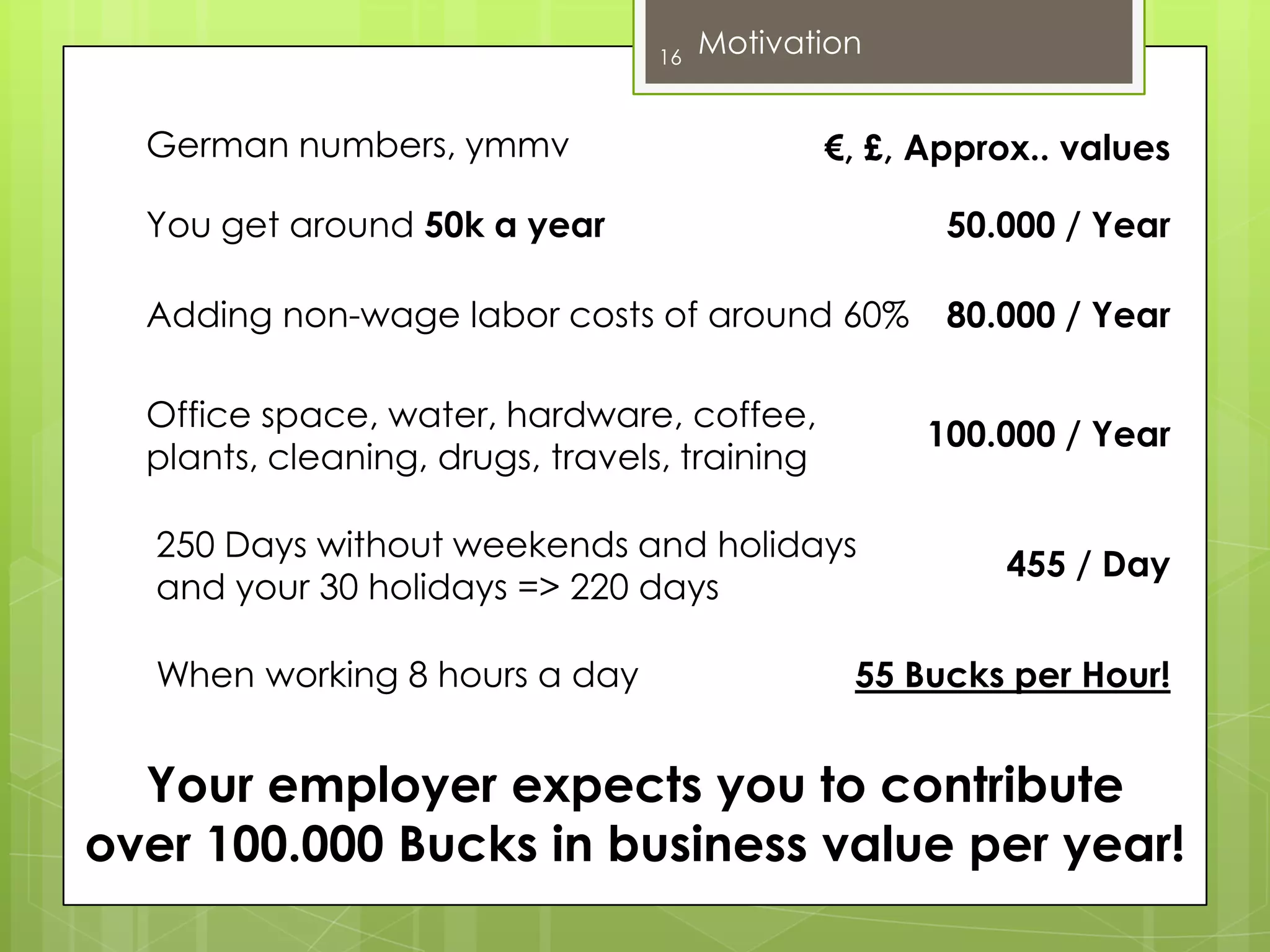 16MotivationGerman numbers, ymmv€, £, Approx.. valuesYou get around 50k a year50.000 / YearAdding non-wage labor costs of around 60%80.000 / YearOffice space, water, hardware, coffee, plants, cleaning, drugs, travels, training100.000 / Year250 Days without weekends and holidays and your 30 holidays => 220 days455 / DayWhen working 8 hours a day55 Bucks per Hour!Your employer expects you to contribute over 100.000 Bucks in business value per year!