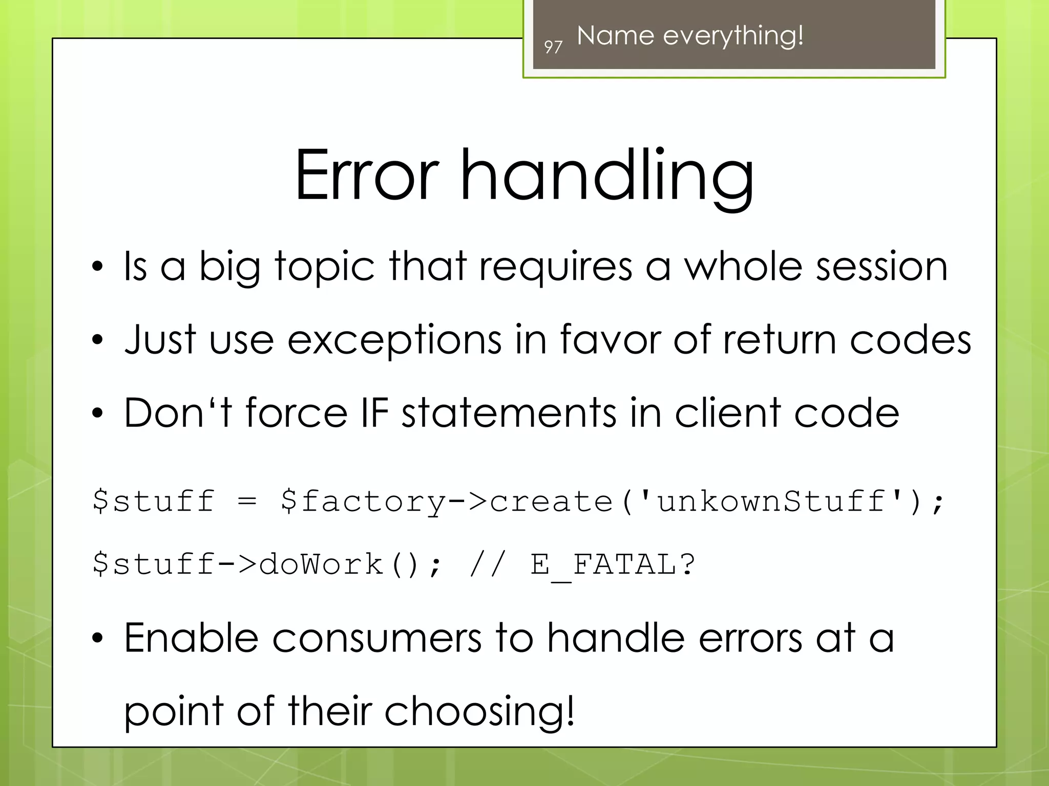 Composite?60Another logger interfaceinterface Logger {    public function log($logMessage);    public function setOutputFormat($format);    public function activate();    public function deactivate();    public function flush();public function setIncludeTimestamp($format);    public function addLogger(Logger $logger);}