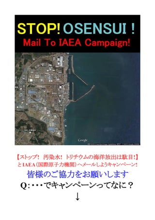 【ストップ!　汚染水!　トリチウムの海洋放出は駄目!】
と IAEA（国際原子力機関）へメールしようキャンペーン!
皆様のご協力をお願いします
Q：・・・でキャンペーンってなに？
↓
 