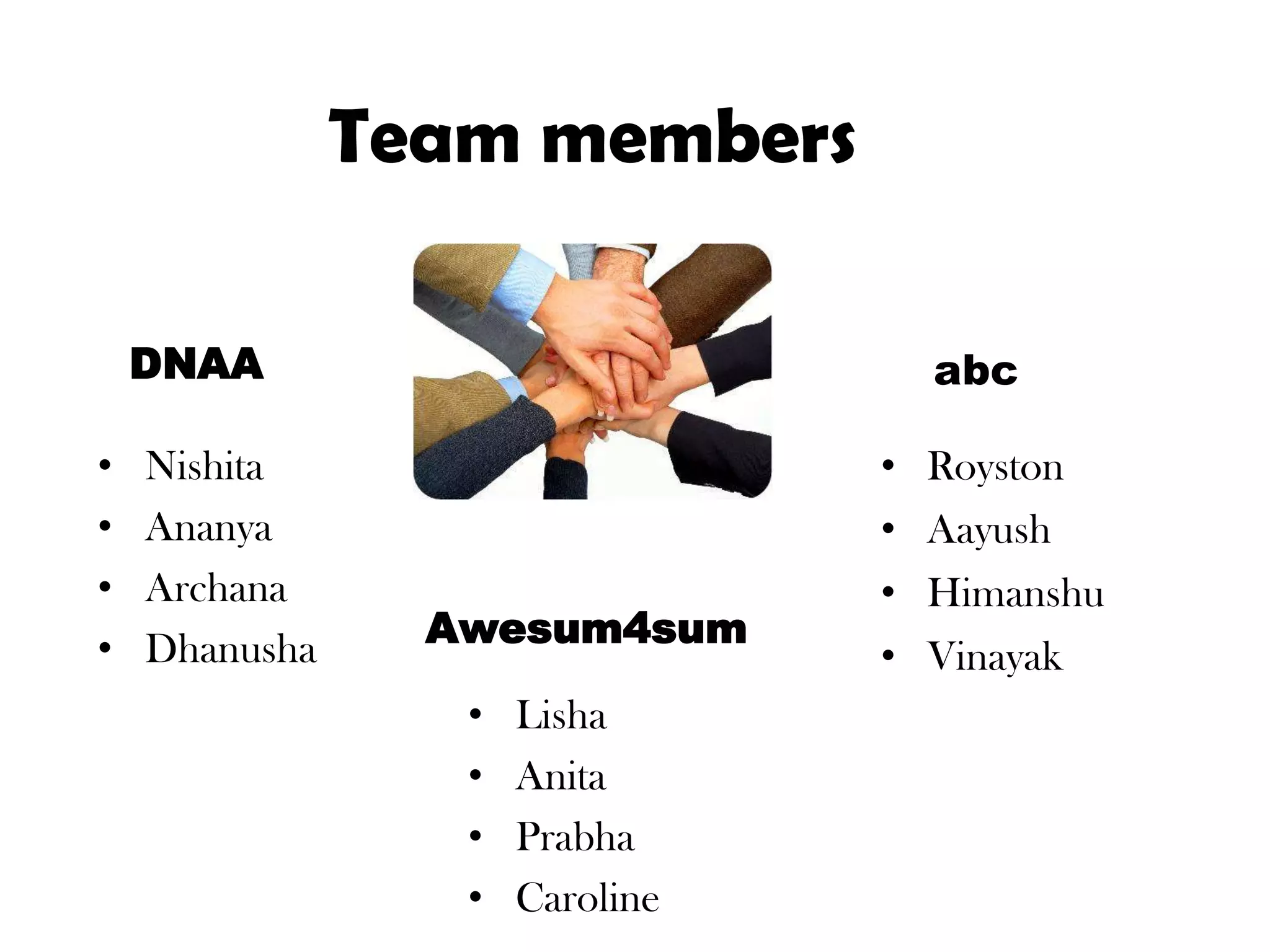 Team membersDNAAabcNishitaAnanyaArchanaDhanusha   Royston
