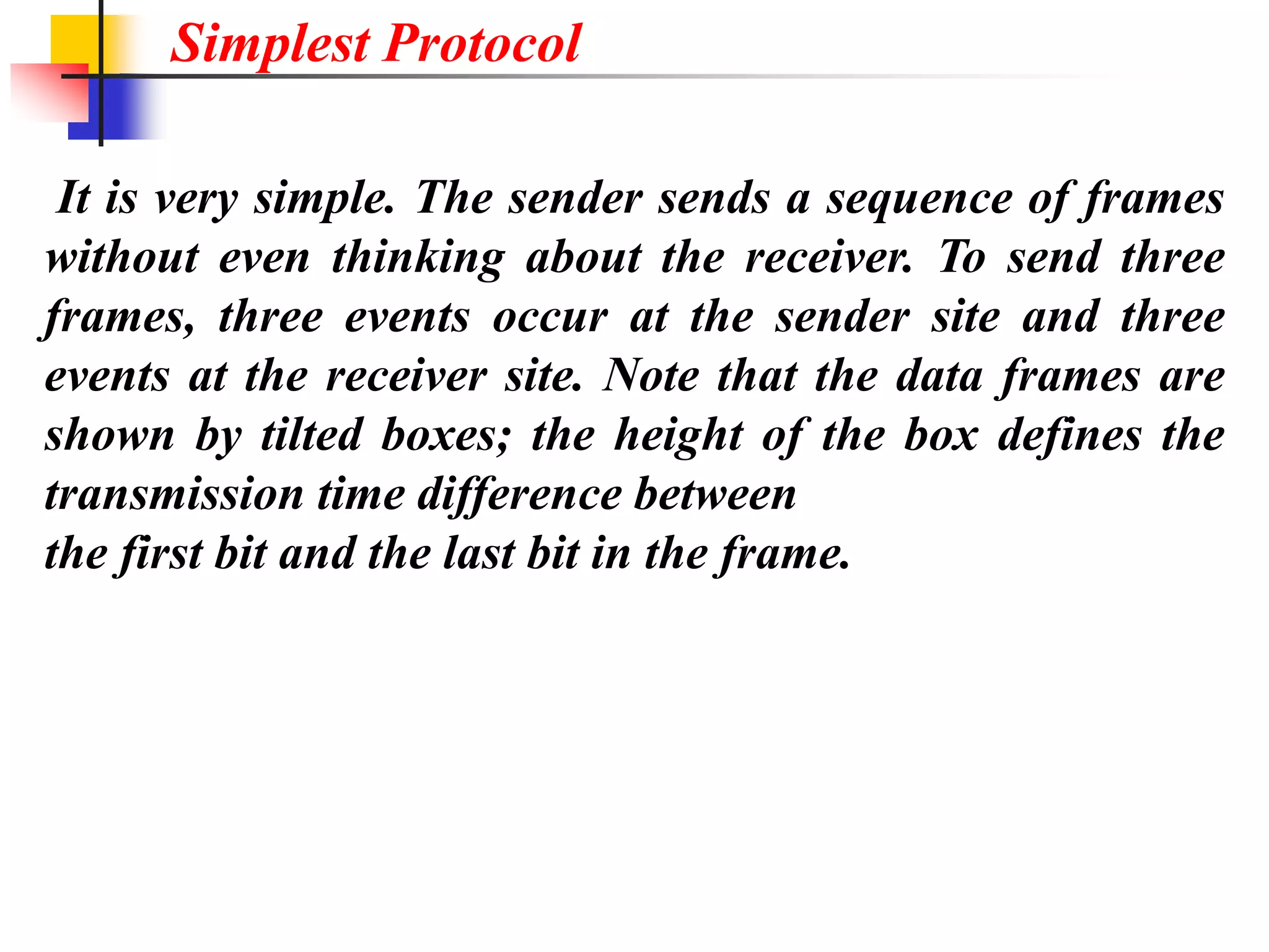 It is very simple. The sender sends a sequence of frames
without even thinking about the receiver. To send three
frames, three events occur at the sender site and three
events at the receiver site. Note that the data frames are
shown by tilted boxes; the height of the box defines the
transmission time difference between
the first bit and the last bit in the frame.
Simplest Protocol
 