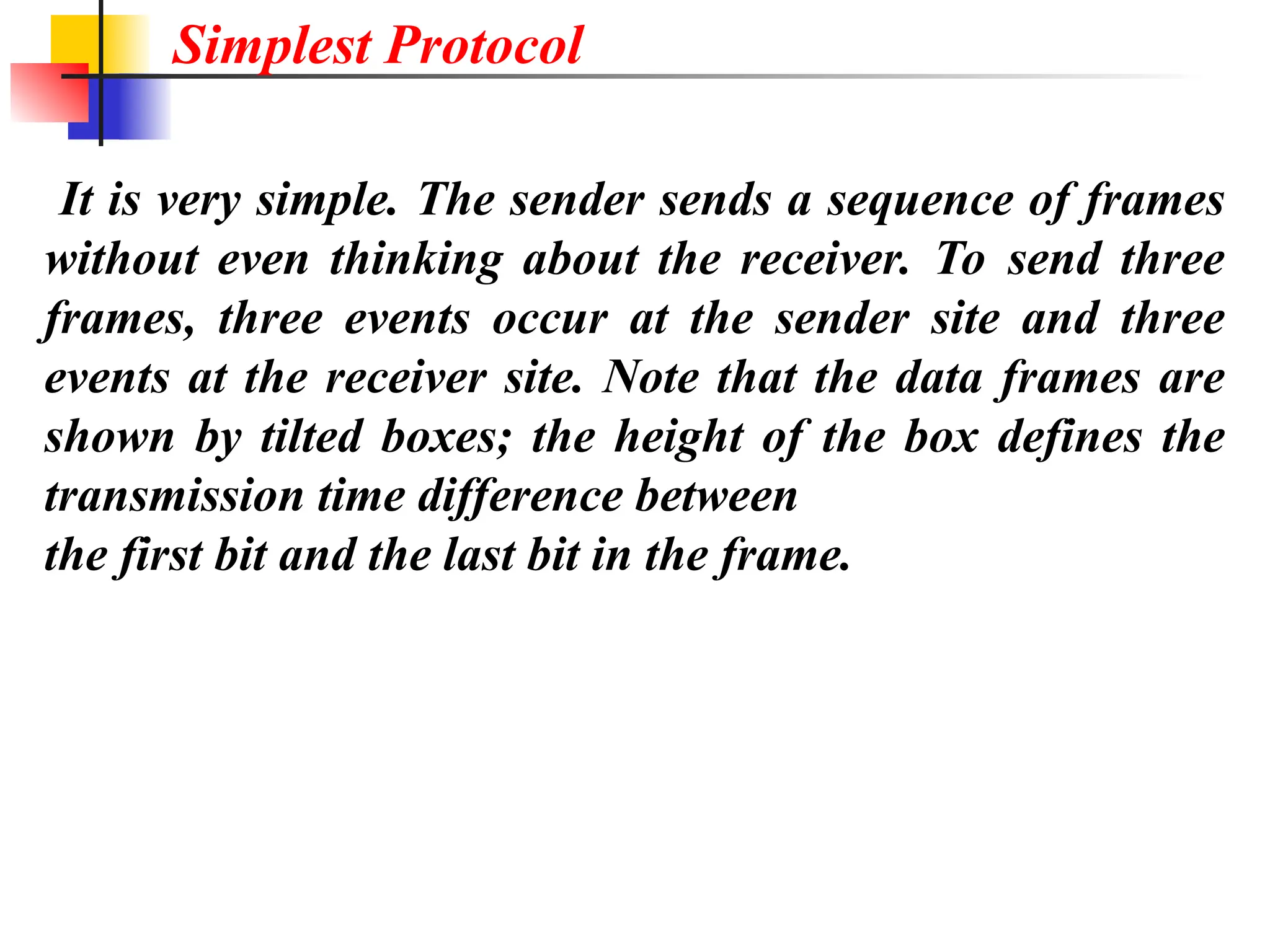 It is very simple. The sender sends a sequence of frames
without even thinking about the receiver. To send three
frames, three events occur at the sender site and three
events at the receiver site. Note that the data frames are
shown by tilted boxes; the height of the box defines the
transmission time difference between
the first bit and the last bit in the frame.
Simplest Protocol
 