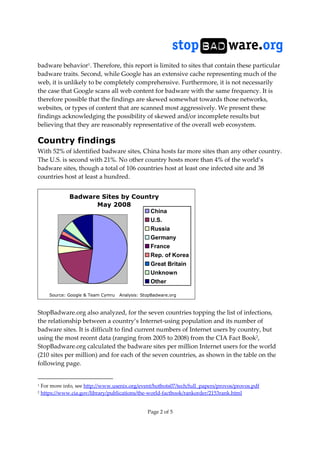 Page 2 of 5
badware behavior1
. Therefore, this report is limited to sites that contain these particular
badware traits. Second, while Google has an extensive cache representing much of the
web, it is unlikely to be completely comprehensive. Furthermore, it is not necessarily
the case that Google scans all web content for badware with the same frequency. It is
therefore possible that the findings are skewed somewhat towards those networks,
websites, or types of content that are scanned most aggressively. We present these
findings acknowledging the possibility of skewed and/or incomplete results but
believing that they are reasonably representative of the overall web ecosystem.
Country findings
With 52% of identified badware sites, China hosts far more sites than any other country.
The U.S. is second with 21%. No other country hosts more than 4% of the world’s
badware sites, though a total of 106 countries host at least one infected site and 38
countries host at least a hundred.
Badware Sites by Country
May 2008
China
U.S.
Russia
Germany
France
Rep. of Korea
Great Britain
Unknown
Other
StopBadware.org also analyzed, for the seven countries topping the list of infections,
the relationship between a country’s Internet-using population and its number of
badware sites. It is difficult to find current numbers of Internet users by country, but
using the most recent data (ranging from 2005 to 2008) from the CIA Fact Book2,
StopBadware.org calculated the badware sites per million Internet users for the world
(210 sites per million) and for each of the seven countries, as shown in the table on the
following page.
1 For more info, see http://www.usenix.org/event/hotbots07/tech/full_papers/provos/provos.pdf
2 https://www.cia.gov/library/publications/the-world-factbook/rankorder/2153rank.html
Source: Google & Team Cymru Analysis: StopBadware.org
 