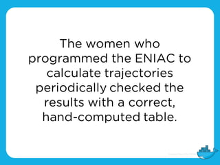 The women who
programmed the ENIAC to
calculate trajectories
periodically checked the
results with a correct,
hand-computed table.
 