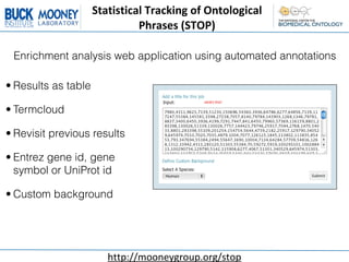 Statistical	
  Tracking	
  of	
  Ontological	
  
                               Phrases	
  (STOP)

 Enrichment analysis web application using automated annotations

• Results as table

• Termcloud

• Revisit previous results

• Entrez gene id, gene
  symbol or UniProt id

• Custom background




                         http://mooneygroup.org/stop
 