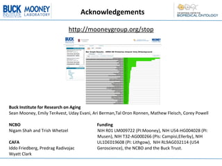 Acknowledgements

                                                                                                                            http://mooneygroup.org/stop




Buck	
  Institute	
  for	
  Research	
  on	
  Aging
Sean	
  Mooney,	
  Emily	
  TerAvest,	
  Uday	
  Evani,	
  Ari	
  Berman,Tal	
  Oron	
  Ronnen,	
  Mathew	
  Fleisch,	
  Corey	
  Powell
	
                                       	
                                       	
                                        	
                                       	
                                       	
                                       	
                                       	
  
NCBO	
  	
  	
  	
  	
  	
  	
  	
  	
  	
  	
  	
  	
  	
  	
  	
  	
  	
  	
  	
  	
  	
  	
  	
  	
  	
  	
  	
  	
  	
  	
  	
  	
  	
  	
  	
  	
  	
  	
  	
  	
  	
  	
  	
  	
  	
  	
  	
  	
  	
  	
  	
  	
  	
  	
  	
  	
  	
  	
  	
  	
  	
  	
  	
  	
  	
  	
  	
  	
  	
  	
  Funding
Nigam	
  Shah	
  and	
  Trish	
  Whetzel	
   	
                                                                                                                                                                                                                                                 	
  	
  	
  	
  	
  	
  	
  	
  	
  	
  NIH	
  R01	
  LM009722	
  (PI:Mooney),	
  NIH	
  U54-­‐HG004028	
  (PI:	
  	
  	
  
	
  	
  	
  	
  	
  	
  	
  	
  	
  	
  	
  	
  	
  	
  	
  	
  	
  	
  	
  	
  	
  	
  	
  	
  	
  	
  	
  	
  	
  	
  	
  	
  	
  	
  	
  	
  	
  	
  	
  	
  	
  	
  	
  	
  	
  	
  	
  	
  	
  	
  	
  	
  	
  	
  	
  	
  	
  	
  	
  	
  	
  	
  	
  	
  	
  	
  	
  	
  	
  	
  	
  	
  	
  	
  	
  	
  	
  	
  	
  	
  	
  	
  Musen),	
  NIH	
  T32-­‐AG000266	
  (PIs:	
  Campisi,Ellerby),	
  NIH
CAFA	
  	
  	
  	
  	
  	
  	
  	
  	
  	
  	
  	
  	
  	
  	
  	
  	
  	
  	
  	
  	
  	
  	
  	
  	
  	
  	
  	
  	
  	
  	
  	
  	
  	
  	
  	
  	
  	
  	
  	
  	
  	
  	
  	
  	
  	
  	
  	
  	
  	
  	
  	
  	
  	
  	
  	
  	
  	
  	
  	
  	
  	
  	
  	
  	
  	
  	
  	
  	
  	
  	
  	
  UL1DE019608	
  (PI:	
  Lithgow),	
  	
  NIH	
  RL9AG032114	
  (U54	
  	
  	
  	
  	
  	
  	
  	
  	
  	
  	
  	
  	
  	
  	
  	
  	
  	
  	
  	
  	
  
Iddo	
  Friedberg,	
  Predrag	
  Radivojac	
  	
  	
  	
  	
  	
  	
  	
  	
  	
  	
  	
  	
  	
  	
  	
  	
  	
  	
  	
  	
  Geroscience),	
  the	
  NCBO	
  and	
  the	
  Buck	
  Trust.	
  
Wyatt	
  Clark
 
