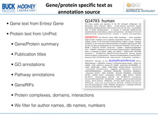 Gene/protein	
  specific	
  text	
  as	
  
                         annotation	
  source
                                             Q147X3''human'''''
• Gene text from Entrez Gene                 The' status,' quality,' and' expansion' of' the' NIH' full>length' cDNAproject:' the'
                                             Mammalian' Gene' CollecIon' (MGC).' ;' Kinase>selecIve' enrichment' enables'
                                             quanItaIve'phosphoproteomics'oQhe'kinome'across'the'cell'cycle.';'A'quanItaIve'
                                             atlas' of' mitoIc' phosphorylaIon.' ;' A' synopsis' of' eukaryoIc' Nalpha>terminal'
                                             acetyltransferases:nomenclature,'subunits'and'substrates.';'Knockdown'of'human'N'
• Protein text from UniProt                  alpha>terminal' acetyltransferase' complex' C' leadsto' p53>dependent'

                                             apoptosis' and' aberrant' human' Arl8b' localizaIon.' ;' Lysine' acetylaIon'
                                             targets' protein' complexes' and' co>regulates' majorcellular' funcIons.' ;>!>' FUNCTION:'
                                             CatalyIc' subunit' of' the' N>terminal' acetyltransferase' C(NatC)' complex.' Catalyzes'
  • Gene/Protein summary                     acetylaIon' of' the' N>terminal' methionineresidues' of' pepIdes' beginning' with' Met>
                                             Leu>Ala' and' Met>Leu>Gly.Necessary' for' the' lysosomal' localizaIon' and' funcIon' of'
                                             ARL8B.>!>' CATALYTIC' ACTIVITY:' Acetyl>CoA' +' pepIde' =' N(alpha)>acetylpepIde+'
                                             CoA.>!>' SUBUNIT:' Component' of' the' N>terminal' acetyltransferase' C' (NatC)complex,'
                                             which' is' composed' of' NAA35,' LSMD1' and' NAA30.>!>' SUBCELLULAR' LOCATION:'

  • Publication titles                       Cytoplasm.>!>' ALTERNATIVE' PRODUCTS:Event=AlternaIve' splicing;' Named'
                                             isoforms=2;Name=1;IsoId=Q147X3>1;'Sequence=Displayed;Name=2;IsoId=Q147X3>2;'
                                             Sequence=VSP_031581;Note=No' experimental' conﬁrmaIon' available;>!>'

                                             SIMILARITY:' Belongs' to' the'                     acetyltransferase                                       ' family.'
                                             MAK3subfamily.>!>'SIMILARITY:'Contains'1'N>acetyltransferase'domain.'>.KEGG;'hsa:
  • GO annotations                           122830;' >.UCSC;' uc001xcx.2;' human.CTD;' 122830;' >.GeneCards;' GC14P038022;' >.H>
                                             InvDB;' HIX0011696;' >.HGNC;' HGNC:19844;' NAA30.neXtProt;' NX_Q147X3;'
                                             > . P h a r m G K B ;' P A 1 3 4 9 3 1 3 1 5 ;' > . e g g N O G ;' p r N O G 1 5 4 6 3 ;' > . G e n e T r e e ;'
                                             ENSGT00390000005665;' >.HOGENOM;' HBG282398;' >.HOVERGEN;' HBG082671;'
                                             >.InParanoid;' Q147X3;' >.OMA;' AGVHSGE;' >.OrthoDB;' EOG4KKZ4S;' >.PhylomeDB;'
  • Pathway annotations                      Q147X3;' >.NextBio;' 81013;' >.ArrayExpress;' Q147X3;' >.Bgee;' Q147X3;' >.CleanEx;'
                                             HS_NAT12;' >.GenevesIgator;' Q147X3;' >.GO;' GO:0005737;' C:cytoplasm;'
                                             IEA:UniProtKB>SubCell.GO;' GO:0004596;' F:pepIde' alpha>N>acetyltransferase'
                                             acIvity;' IEA:EC.InterPro;' IPR000182;' AcTrfase_GCN5>related_dom.InterPro;'
                                             I P R 0 1 6 1 8 1 ;' A c y l _ C o A _ a c y l t r a n s f e r a s e . G e n e 3 D ;' G 3 D S A : 3 . 4 0 . 6 3 0 . 3 0 ;'
  • GeneRIFs                                 Acyl_CoA_acyltransferase;' 1.Pfam;' PF00583;' Acetyltransf_1;' 1.SUPFAM;' SSF55729;'
                                             Acyl_CoA_acyltransferase;'1.PROSITE;'PS51186;'GNAT;'1.'
                                             '



  • Protein complexes, domains, interactions

  • We ﬁlter for author names, db names, numbers
 