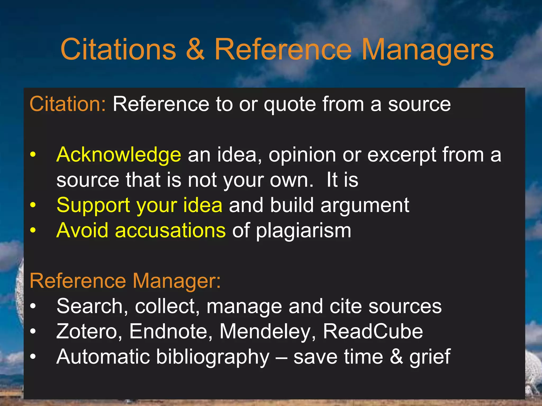 6/27/162711 North First St. - San Jose, CA 95134 - www.itu.edu
3
ITU Library Website
Citations & Reference Managers
5/18/17
Citation: Reference to or quote from a source
• Acknowledge an idea, opinion or excerpt from a
source that is not your own. It is
• Support your idea and build argument
• Avoid accusations of plagiarism
Reference Manager:
• Search, collect, manage and cite sources
• Zotero, Endnote, Mendeley, ReadCube
• Automatic bibliography – save time & grief
 