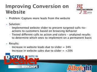 Improving Conversion on
Website
}    Problem: Capture more leads from the website

}    Solution:
      ◦  Implemented website slider to present targeted calls-to-
         actions to customers based on browsing behavior
      ◦  Tested different calls to action and colors – analyzed results
         to determine which ones to implement on a permanent basis

}    Results: 
      ◦  Increase in website leads due to slider = 34%
      ◦  Increase in website sales due to slider = +20%
 
