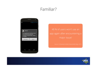 Familiar?
48 % of users won‘t use an
app again after encountering a
major issue!
Source: Compuware Global Study Mobile Apps 2013
 
