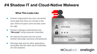 #4 Shadow IT and Cloud-Native Malware
● Charlie’s organization has more connected
cloud apps than there are minutes in the
year. Some are good, some are bad, some
are ugly.
● Charlie’s colleague authenticates into
“Mocusign” using corporate credentials
● An external 3rd party now has access
Charlie’s Docusign username and password.
● Docusign data and any other applications
accessible with this same set of credentials
are now exposed.
What This Looks Like
 