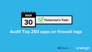 Audit Top 250 apps on firewall logs
Tomorrow’s Task:
30
MAR
 