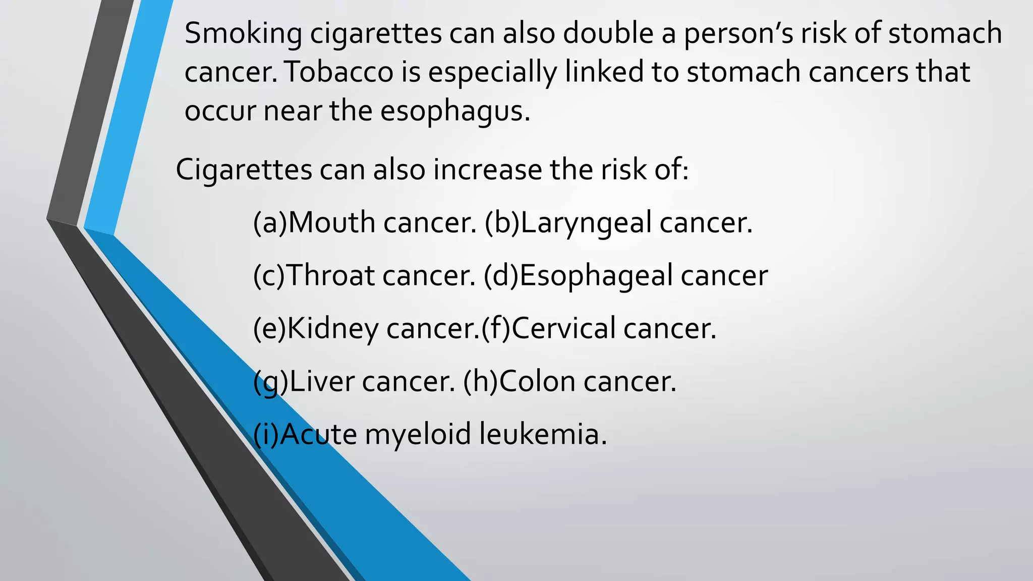 Smoking cigarettes can also double a person’s risk of stomach
cancer.Tobacco is especially linked to stomach cancers that
occur near the esophagus.
Cigarettes can also increase the risk of:
(a)Mouth cancer. (b)Laryngeal cancer.
(c)Throat cancer. (d)Esophageal cancer
(e)Kidney cancer.(f)Cervical cancer.
(g)Liver cancer. (h)Colon cancer.
(i)Acute myeloid leukemia.
 