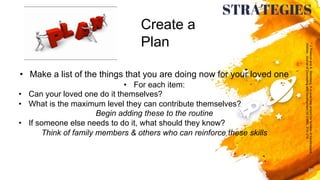 Big concept
15
STRATEGIES
• Make a list of the things that you are doing now for your loved one
• For each item:
• Can you...