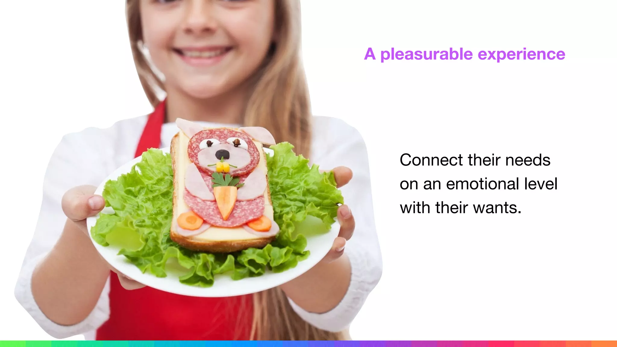 A pleasurable experience
Connect their needs 
on an emotional level 
with their wants.
 