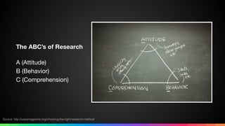 The ABC’s of Research
A (Attitude) 
B (Behavior) 
C (Comprehension)
Source: http://uxpamagazine.org/choosing-the-right-research-method/
 