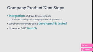Company Product Next Steps
• Integration of draw down guidance
• Includes starting and managing automatic payments
• Wireframe concepts being developed & tested
• November 2017 launch
EDIT
EXPAND
 