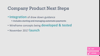 Company Product Next Steps
• Integration of draw down guidance
• Includes starting and managing automatic payments
• Wireframe concepts being developed & tested
• November 2017 launch
EDIT
EXPAND
 