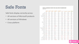 Safe Fonts
Safe fonts display correctly across:
• All versions of Microsoft products
• All versions of Windows
• Cross-platform
BEWARE
 