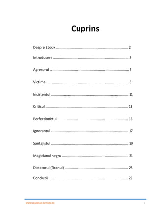 WWW.LEADER-IN-ACTIUNE.RO 1
Cuprins
Despre Ebook ....................................................................... 2
Introducere ........................................................................... 3
Agresorul ............................................................................... 5
Victima .................................................................................. 8
Insistentul ............................................................................. 11
Criticul .................................................................................. 13
Perfectionistul ...................................................................... 15
Ignorantul ............................................................................. 17
Santajistul ............................................................................. 19
Magicianul negru .................................................................. 21
Dictatorul (Tiranul) ............................................................... 23
Concluzii ............................................................................... 25
 