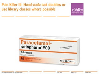 © Zühlke 2014
Pain Killer III: Hand-code test doubles or
use library classes where possible
Stop Mocking and Get Real | Rick Janda, Immo Hüneke 1. July 2014 Slide 16 of 41
 