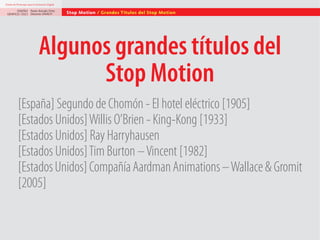 Diseño de Personajes para la Animación Digital

DISEÑO Paolo Arévalo Ortiz
GRAFICO /2013 Docente UNACH

Stop Motion / Grandes Títulos del Stop Motion

Algunos grandes títulos del
Stop Motion
[España] Segundo de Chomón - El hotel eléctrico [1905]
[Estados Unidos] Willis O’Brien - King-Kong [1933]
[Estados Unidos] Ray Harryhausen
[Estados Unidos] Tim Burton – Vincent [1982]
[Estados Unidos] Compañía Aardman Animations – Wallace & Gromit
[2005]

 