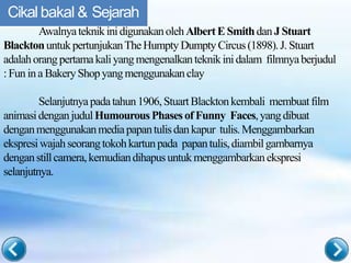 Cikal bakal & Sejarah
AwalnyateknikinidigunakanolehAlbertE Smithdan J Stuart
BlacktonuntukpertunjukanTheHumptyDumptyCircus(1898).J. Stuart
adalahorangpertamakaliyangmengenalkanteknikinidalam filmnyaberjudul
: Fun ina BakeryShopyangmenggunakanclay
Selanjutnyapadatahun1906,StuartBlacktonkembali membuatfilm
animasidenganjudulHumourousPhasesof Funny Faces,yangdibuat
denganmenggunakanmediapapantulisdankapur tulis.Menggambarkan
ekspresiwajahseorangtokohkartunpada papantulis,diambilgambarnya
denganstillcamera,kemudiandihapusuntukmenggambarkanekspresi
selanjutnya.
 