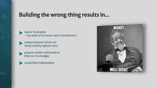 Buildingthewrongthingresultsin...
teams'frustration
-"myworkofartneverusedinproduction",
uselessfeatureswhichare
rarelyusedbytypicalusers,
projectsneitherdeliveredon
timenorinabudget,
unsatisﬁedstaunsatisﬁedstakeholders. @tpindel
tom@voucherify.io
 