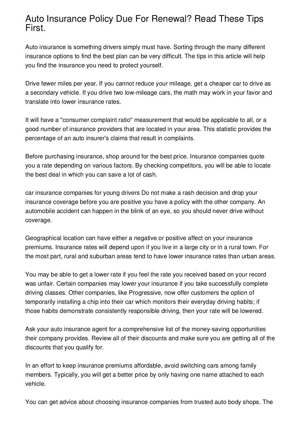 Auto Insurance Policy Due For Renewal? Read These Tips First.