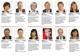 Statsminister                       Utrikesminister
                                                  r                   Arbetsmarknadsminister               Justitieminister                      Kulturminister                     Jordbruksminister
Mona Sahlin (S)                     Lars Ohly (V)                     Wanja Lundby-Wedin (S)               Thomas Bodström (S)                   Siv Holma (V)                      Tina Ehn (Mp)
“Om man är socialdemokrat,          “Jag har varit kommunist          “Ekonomiskt ska det inte skilja      “Det är svårare att kontrollera       “Den kommersiella reklamens        “Det är fel med jakt så länge
då tycker man att det är            sedan jag gick med i              sig så mycket mellan att arbeta      läkare än advokater och               plats måste begränsas. I stället   det inte ﬁnns någon naturlig
häftigt att betala skatt. För       Kommunistisk ungdom 1978          och [att] inte arbeta. “             präster. Läkare kan till exempel      ska det ﬁnnas mer plats för        invandring av varg”
mig är skatt det ﬁnaste             och aldrig förknippat det         Wanja Lundby-Wedin under ett         vara utbildade utomlands. “           information om kulturella och      Tina Ehn kommenterar
uttrycket för vad politik är. “     med diktatur eller förtryck. “    seminarium om arbetslinjen vid       Thomas Bodström förklarar             sociala arrangemang.”              rovdjurspropositionen i
Mona Sahlin i Sveriges Television   Lars Ohly i Aftonbladet, 27 maj   LO:s huvudkontor i Stockholm, 19     varför läkarmottagningar måste        Siv Holma, riksdagsledamot         Aftonbladet 2009
den 8 september 1994                2000.                             april 2007                           kunna buggas av polis till skillnad   vänsterpartiet i motion till
                                                                                                           från advokatkontor i DN 10/2          riksdagen 2009.
                                                                                                           2006




Infrastrukturminister               Miljöminister                      Utbildningsminister
                                                                                     ister                  Biståndsminister
                                                                                                                          er                     Finansminister                      Jämställdhetshetsminister
Peter Eriksson (Mp)                 Maria Wetterstrand (Mp)            Rossana Dinamarca (V)                Eva Björklund (V)                    Thomas Östros (S)                   Nalin Pekgul (S)

“Vi föreslår att ﬂygtraﬁken         “Friåret har varit en succé        “Alla som har tillgodogjort sig      “Kuba är en demokrati och            “Generella skattesänkningar         “Hemmafruidealet backas
mellan Göteborg och                 (...)Utan att det ens var          kunskaperna i grundskolan ska        Amnesty har fel när de kallar        är ett slöseri med                  upp av kommersiella krafter
Stockholm läggs ner. “              reformens huvudsyfte från          ha rätt att gå på gymnasiet och      spioner för samvetsfångar,“          gemensamma medel”                   som lockar med avancerad
Peter Eriksson i                    början kom friåret att bli den     att gå det program de vill.”         Eva BJörklund, ledamot i             Thomas Östros                       matlagning, sköna hem och
Göteborgsposten oktober 2007        senaste mandatperiodens            Rossana Dinamarca svarar på          Vänsterpartiets partistyrelse, i     socialdemokraternas                 vackra trädgårdar som kräver
                                    kanske mest framgångsrika          frågan hur urvalet till gymnasiet    tidningen Arbetaren 2004             ekonomiske talesman i DN            både pengar och kvinnokraft
                                    arbetsmarknadspolitiska            ska gå till utan betyg i Lärarnas                                         1/11 2009                           för att förverkligas.”
                                    åtgärd”                            tidning 2009                                                                                                  Nalin Pekgul om Anna Anka på
                                    Maria Wetterstrand i tal 2006                                                                                                                    Newsmill 2009,
 