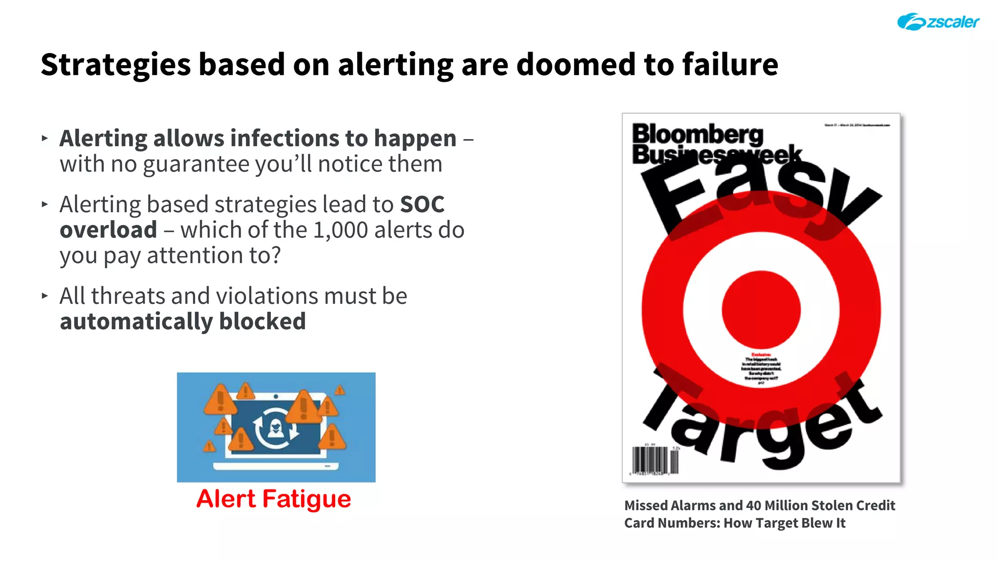 Strategies based on alerting are doomed to failure
‣ Alerting allows infections to happen –
with no guarantee you’ll notice them
‣ Alerting based strategies lead to SOC
overload – which of the 1,000 alerts do
you pay attention to?
‣ All threats and violations must be
automatically blocked
Missed Alarms and 40 Million Stolen Credit
Card Numbers: How Target Blew It
Alert Fatigue
 