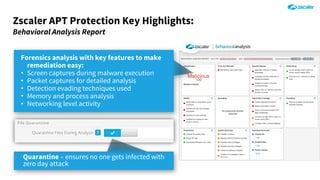 Zscaler APT Protection Key Highlights:
Behavioral Analysis Report
Quarantine – ensures no one gets infected with
zero day attack
Forensics analysis with key features to make
remediation easy:
• Screen captures during malware execution
• Packet captures for detailed analysis
• Detection evading techniques used
• Memory and process analysis
• Networking level activity
 