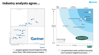 Industry analysts agree…
“…on-premises web content security
can’t protect digital business…”
“…largest global cloud footprint with
more than 100 enforcement nodes…”
 