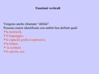 Funzioni verticali
Vengono anche chiamate “abilità”.
Possono essere identificate con ambiti ben definiti quali
la motricità,
il linguaggio,
le capacità grafico-espressive,
la lettura
 la scrittura
il calcolo, ecc.
 