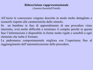 Ridescrizione rappresentazionale
(Annette Karmiloff Smith)
All’inizio le conoscenze vengono descritte in modo molto dettagliato e
isomorfo rispetto alle caratteristiche dello stimolo.
Se un bambino in fase di apprendimento di una procedura viene
interrotto, avrà molte difficoltà a terminare il compito perché in questa
fase l’informazione è disponibile in forme molto rigide e sensibili a ogni
elemento che turba il formato.
La padronanza comportamentale migliora con l’esperienza fino al
raggiungimento dell’automatizzazione delle procedure.
 