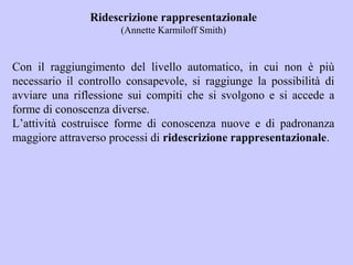 Ridescrizione rappresentazionale
(Annette Karmiloff Smith)
Con il raggiungimento del livello automatico, in cui non è più
necessario il controllo consapevole, si raggiunge la possibilità di
avviare una riflessione sui compiti che si svolgono e si accede a
forme di conoscenza diverse.
L’attività costruisce forme di conoscenza nuove e di padronanza
maggiore attraverso processi di ridescrizione rappresentazionale.
 