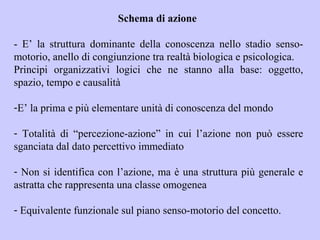 Schema di azione
- E’ la struttura dominante della conoscenza nello stadio senso-
motorio, anello di congiunzione tra realtà biologica e psicologica.
Principi organizzativi logici che ne stanno alla base: oggetto,
spazio, tempo e causalità
-E’ la prima e più elementare unità di conoscenza del mondo
- Totalità di “percezione-azione” in cui l’azione non può essere
sganciata dal dato percettivo immediato
- Non si identifica con l’azione, ma è una struttura più generale e
astratta che rappresenta una classe omogenea
- Equivalente funzionale sul piano senso-motorio del concetto.
 
