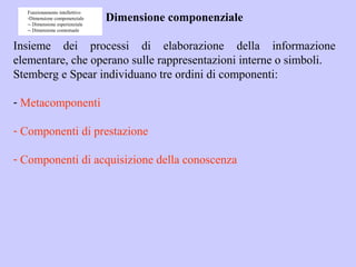 Dimensione componenziale
Insieme dei processi di elaborazione della informazione
elementare, che operano sulle rappresentazioni interne o simboli.
Stemberg e Spear individuano tre ordini di componenti:
- Metacomponenti
- Componenti di prestazione
- Componenti di acquisizione della conoscenza
Funzionamento intellettivo
-Dimensione componenziale
-- Dimensione esperienziale
-- Dimensione contestuale
 