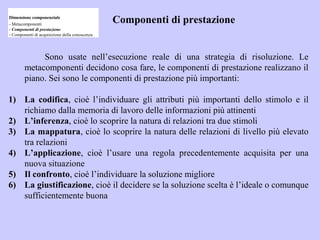 Componenti di prestazione
Sono usate nell’esecuzione reale di una strategia di risoluzione. Le
metacomponenti decidono cosa fare, le componenti di prestazione realizzano il
piano. Sei sono le componenti di prestazione più importanti:
1) La codifica, cioè l’individuare gli attributi più importanti dello stimolo e il
richiamo dalla memoria di lavoro delle informazioni più attinenti
2) L’inferenza, cioè lo scoprire la natura di relazioni tra due stimoli
3) La mappatura, cioè lo scoprire la natura delle relazioni di livello più elevato
tra relazioni
4) L’applicazione, cioè l’usare una regola precedentemente acquisita per una
nuova situazione
5) Il confronto, cioè l’individuare la soluzione migliore
6) La giustificazione, cioè il decidere se la soluzione scelta è l’ideale o comunque
sufficientemente buona
Dimensione componenziale
- Metacomponenti
- Componenti di prestazione
- Componenti di acquisizione della conoscenza
 
