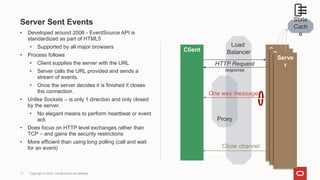 Load
Balancer
Proxy
Server Sent Events
• Developed around 2006 - EventSource API is
standardized as part of HTML5
• Supported by all major browsers
• Process follows
• Client supplies the server with the URL
• Server calls the URL provided and sends a
stream of events.
• Once the server decides it is finished it closes
the connection.
• Unlike Sockets – is only 1 direction and only closed
by the server.
• No elegant means to perform heartbeat or event
ack
• Does focus on HTTP level exchanges rather than
TCP – and gains the security restrictions
• More efficient than using long polling (call and wait
for an event)
11 Copyright © 2022, Oracle and/or its affiliates
Client Serve
r
HTTP Request
response
One way messages
Close channel
Serve
r
Serve
r
State
Cach
e
 