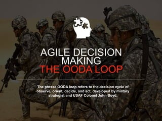 AGILE DECISION
MAKING
THE OODA LOOP
The phrase OODA loop refers to the decision cycle of
observe, orient, decide, and act, developed by military
strategist and USAF Colonel John Boyd.
 