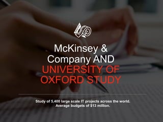 McKinsey &
Company AND
UNIVERSITY OF
OXFORD STUDY
Study of 5,400 large scale IT projects across the world.
Average budgets...