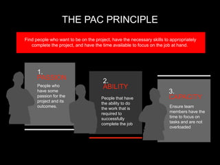 THE PAC PRINCIPLE
Find people who want to be on the project, have the necessary skills to appropriately
complete the proje...