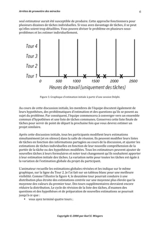 Arrêtez	de	promettre	des	miracles	 	 		
Copyright	©	2000	par	Karl	E.	Wiegers	
6	
seul	estimateur	aurait	été	susceptible	de	produire.	Cette	approche	fonctionnera	pour	
plusieurs	dizaines	de	tâches	individuelles.	Si	vous	avez	davantage	de	tâches,	il	se	peut	
qu'elles	soient	trop	détaillées.	Vous	pouvez	diviser	le	problème	en	plusieurs	sous-
problèmes	et	les	estimer	individuellement.	
	
	
Figure	3.	Graphique	d'estimation	initiale	à	partir	d'une	session	Delphi.	
	
	
Au	cours	de	cette	discussion	initiale,	les	membres	de	l'équipe	discutent	également	de	
leurs	hypothèses,	des	problématiques	d'estimation	et	des	questions	qu'ils	se	posent	au	
sujet	du	problème.	Par	conséquent,	l'équipe	commencera	à	converger	vers	un	ensemble	
commun	d'hypothèses	et	une	liste	de	tâches	communes.	Conservez	cette	liste	finale	de	
tâches	pour	servir	de	point	de	départ	la	prochaine	fois	que	vous	devrez	estimer	un	
projet	similaire.	
	
Après	cette	discussion	initiale,	tous	les	participants	modifient	leurs	estimations	
simultanément	(et	en	silence)	dans	la	salle	de	réunion.	Ils	peuvent	modifier	leurs	listes	
de	tâches	en	fonction	des	informations	partagées	au	cours	de	la	discussion,	et	ajuster	les	
estimations	de	tâches	individuelles	en	fonction	de	leur	nouvelle	compréhension	de	la	
portée	de	la	tâche	ou	des	hypothèses	modifiées.	Tous	les	estimateurs	peuvent	ajouter	de	
nouvelles	tâches	à	leurs	formulaires	et	noter	tout	changement	qu'ils	souhaitent	apporter	
à	leur	estimation	initiale	des	tâches.	La	variation	nette	pour	toutes	les	tâches	est	égale	à	
la	variation	de	l'estimation	globale	du	projet	du	participant.	
	
L’animateur	recueille	les	estimations	globales	révisées	et	les	indique	sur	le	même	
graphique,	sur	la	ligne	du	Tour	2.	Je	l'ai	fait	sur	un	tableau	blanc	pour	une	meilleure	
visibilité.	Comme	l'illustre	la	figure	4,	le	deuxième	tour	pourrait	conduire	à	une	
distribution	plus	étroite	des	estimations	centrée	sur	une	moyenne	plus	élevée	que	la	
moyenne	des	valeurs	du	premier	tour.	Des	tours	supplémentaires	devraient	encore	
réduire	la	distribution.	Le	cycle	de	révision	de	la	liste	des	tâches,	d'examen	des	
questions	et	des	hypothèses	et	de	préparation	de	nouvelles	estimations	se	poursuit	
jusqu’à	ce	que	:	
• vous	ayez	terminé	quatre	tours	;	
 