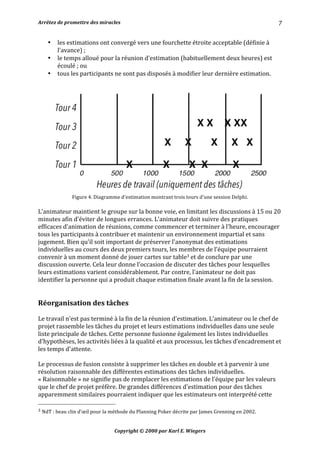 Arrêtez	de	promettre	des	miracles	 	 		
Copyright	©	2000	par	Karl	E.	Wiegers	
7	
• les	estimations	ont	convergé	vers	une	fourchette	étroite	acceptable	(définie	à	
l'avance)	;	
• le	temps	alloué	pour	la	réunion	d'estimation	(habituellement	deux	heures)	est	
écoulé	;	ou	
• tous	les	participants	ne	sont	pas	disposés	à	modifier	leur	dernière	estimation.	
	
	
Figure	4.	Diagramme	d'estimation	montrant	trois	tours	d'une	session	Delphi.	
	
L’animateur	maintient	le	groupe	sur	la	bonne	voie,	en	limitant	les	discussions	à	15	ou	20	
minutes	afin	d'éviter	de	longues	errances.	L'animateur	doit	suivre	des	pratiques	
efficaces	d'animation	de	réunions,	comme	commencer	et	terminer	à	l'heure,	encourager	
tous	les	participants	à	contribuer	et	maintenir	un	environnement	impartial	et	sans	
jugement.	Bien	qu'il	soit	important	de	préserver	l'anonymat	des	estimations	
individuelles	au	cours	des	deux	premiers	tours,	les	membres	de	l'équipe	pourraient	
convenir	à	un	moment	donné	de	jouer	cartes	sur	table3	et	de	conclure	par	une	
discussion	ouverte.	Cela	leur	donne	l'occasion	de	discuter	des	tâches	pour	lesquelles	
leurs	estimations	varient	considérablement.	Par	contre,	l’animateur	ne	doit	pas	
identifier	la	personne	qui	a	produit	chaque	estimation	finale	avant	la	fin	de	la	session.	
	
	
Réorganisation	des	tâches	
	
Le	travail	n'est	pas	terminé	à	la	fin	de	la	réunion	d'estimation.	L’animateur	ou	le	chef	de	
projet	rassemble	les	tâches	du	projet	et	leurs	estimations	individuelles	dans	une	seule	
liste	principale	de	tâches.	Cette	personne	fusionne	également	les	listes	individuelles	
d'hypothèses,	les	activités	liées	à	la	qualité	et	aux	processus,	les	tâches	d’encadrement	et	
les	temps	d'attente.	
	
Le	processus	de	fusion	consiste	à	supprimer	les	tâches	en	double	et	à	parvenir	à	une	
résolution	raisonnable	des	différentes	estimations	des	tâches	individuelles.	
«	Raisonnable	»	ne	signifie	pas	de	remplacer	les	estimations	de	l'équipe	par	les	valeurs	
que	le	chef	de	projet	préfère.	De	grandes	différences	d'estimation	pour	des	tâches	
apparemment	similaires	pourraient	indiquer	que	les	estimateurs	ont	interprété	cette	
																																																								
3	NdT	:	beau	clin	d’œil	pour	la	méthode	du	Planning	Poker	décrite	par	James	Grenning	en	2002.	
 