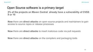 @spoole167
Open Source software is a primary target
5% of the projects on Maven Central already have a vulnerability of CVSS
9 or 10
Now there are direct attacks on open source projects and maintainers to gain
access to source repos or release processes
Now there are direct attacks to insert malicious code via pull requests
Now there are direct attacks on the compilers and packaging tools
43
@spoole167 @olimpiupop
 