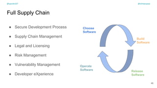 Full Supply Chain
● Secure Development Process
● Supply Chain Management
● Legal and Licensing
● Risk Management
● Vulnerability Management
● Developer eXperience
Choose
Software
Build
Software
Operate
Software Release
Software
46
@spoole167 @olimpiupop
 