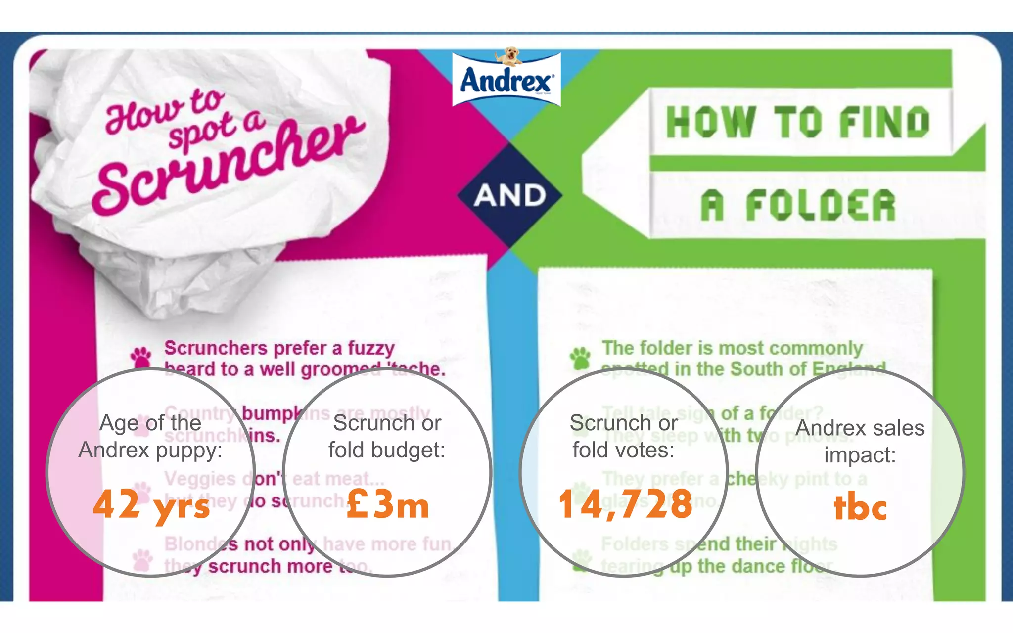 Age of the
Andrex puppy:
42 yrs
Scrunch or
fold budget:
£3m
Scrunch or
fold votes:
14,728
Andrex sales
impact:
tbc
 